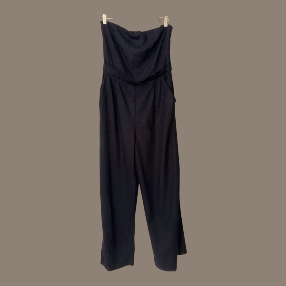 Zara Strapless Linen Blend Jumpsuit Straight Neck Wide Leg Navy 
Size‎ Large - Picture 4 of 8